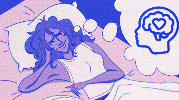 A person laying down with a thought bubble with a symbol inside coming from their head.