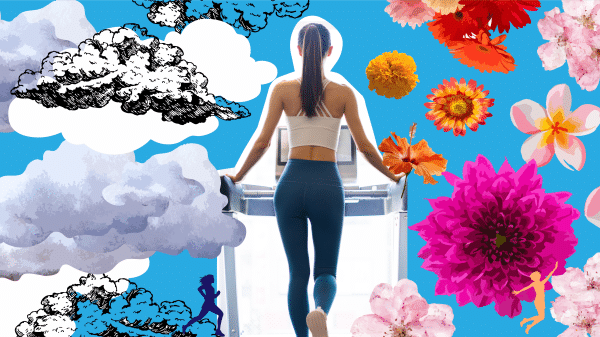 Clouds and a woman on a treadmill