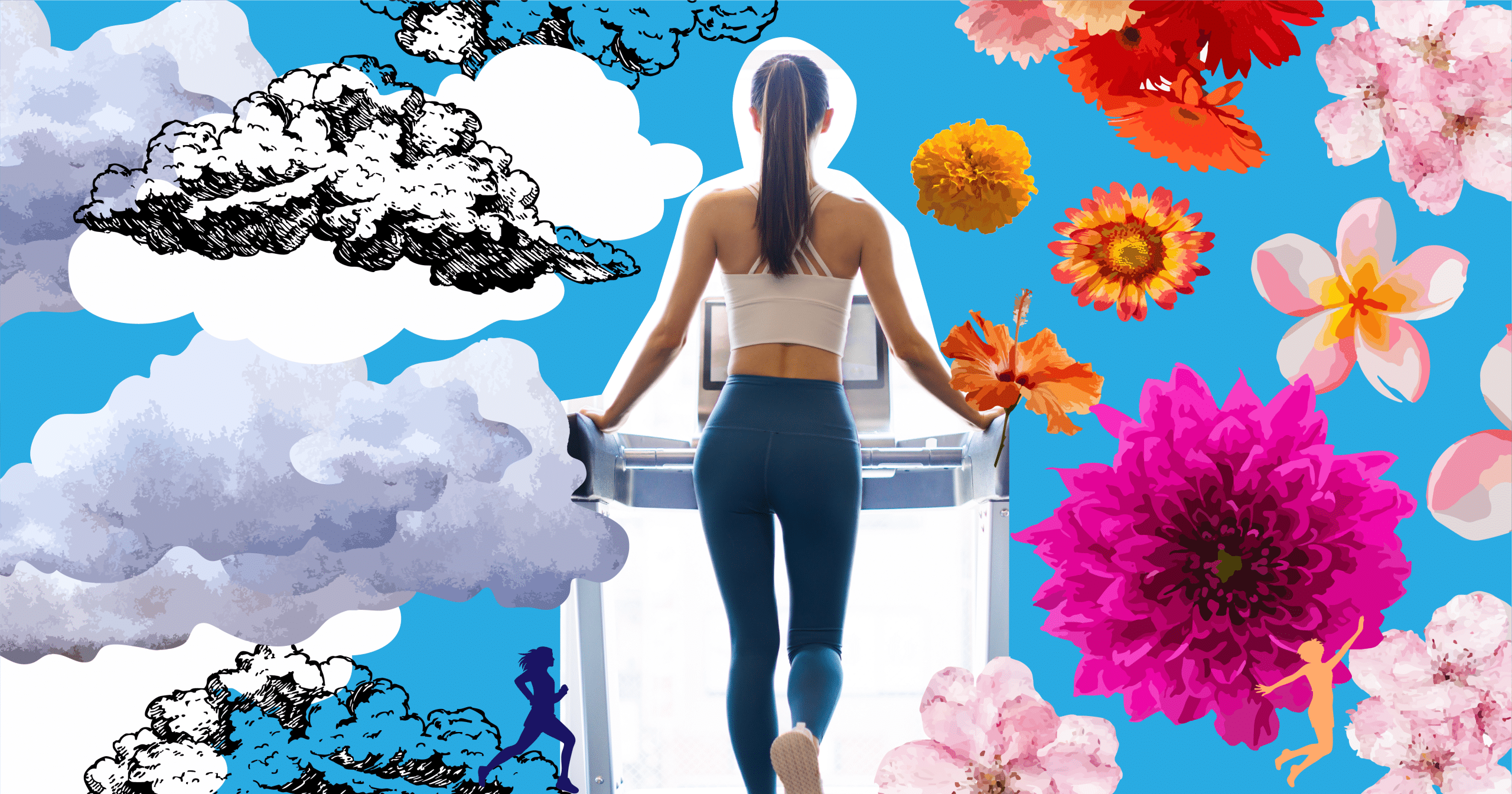 Clouds and a woman on a treadmill