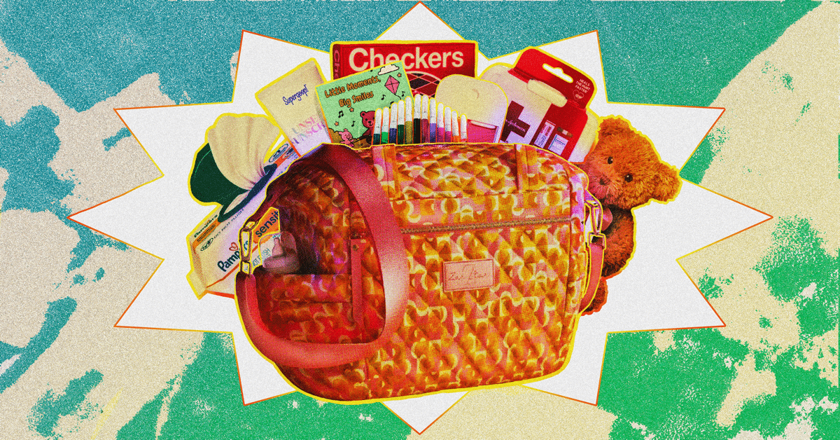 Image shows a blue, green. and ivory splattered background. In front of background is a woven basket with children's items peeking out from behind the basket.