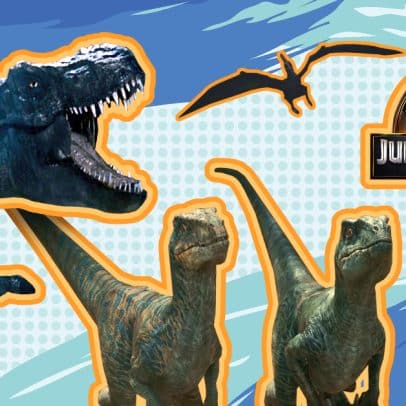 Collage of dinosaurs from the Jurassic films.