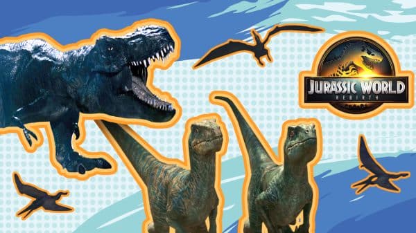 Collage of dinosaurs from the Jurassic films.