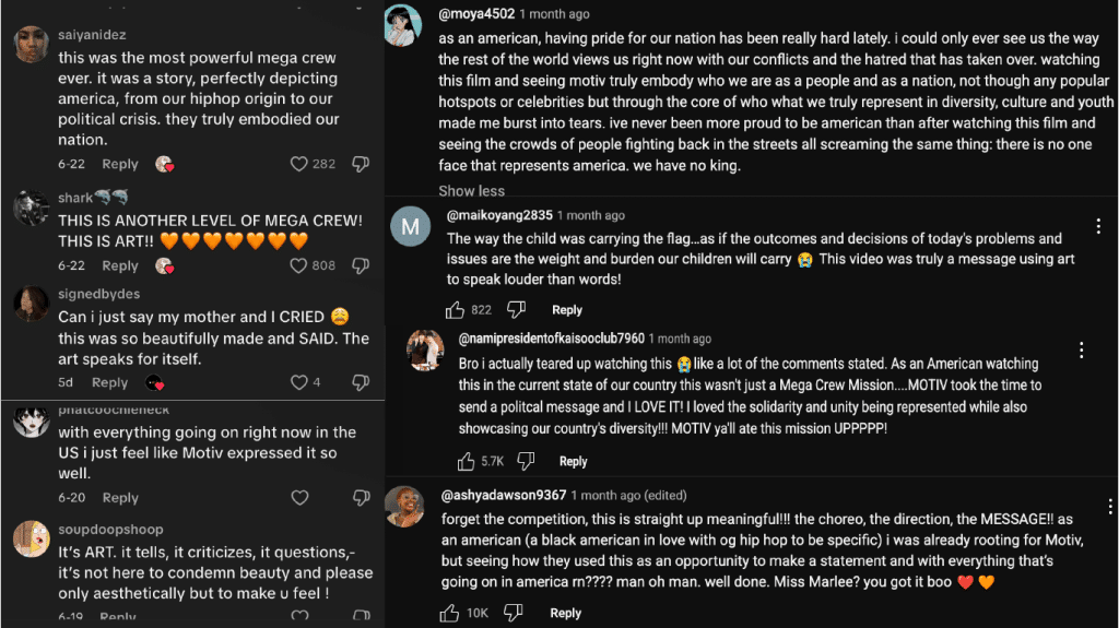Comments expressing love for MOTIV's "We The People" performance from YouTube and TikTok