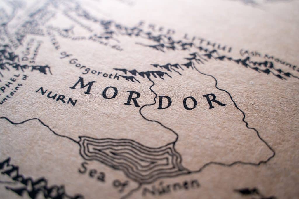 Focus image of a Tolkienian map of Mordor, from or similar to those found in the books.