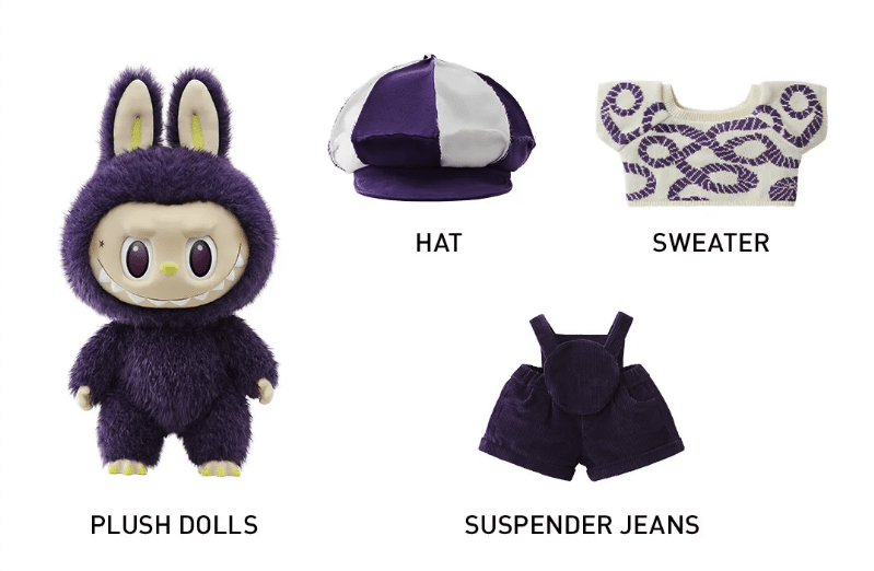 A purprle Labubu doll with its clothing described. Purple hat, white and purple sweater, and dark purple suspender jeans.