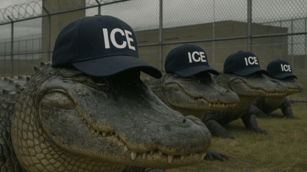 An AI-generated image of 4 crocodiles wearing ICE hats in front of a prison-like barbed wire fence.