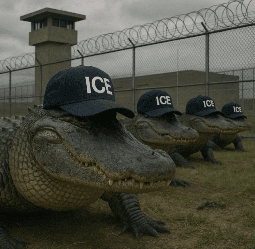 An AI-generated image of 4 crocodiles wearing ICE hats in front of a prison-like barbed wire fence.