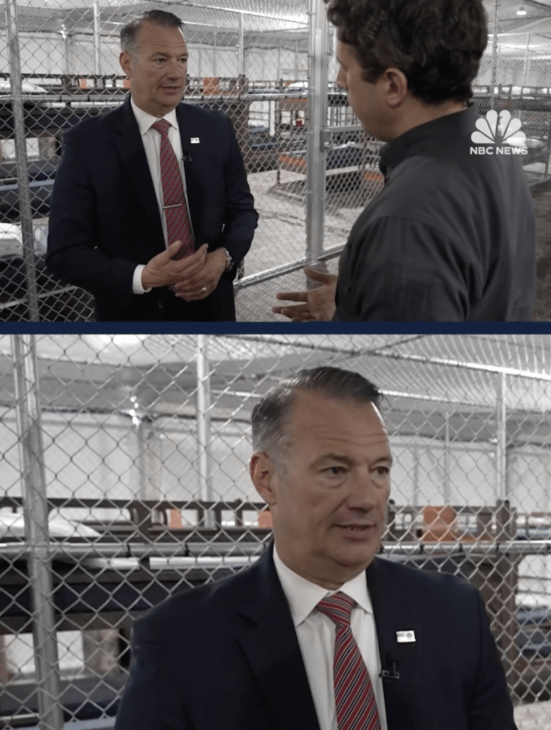 A split-screen image of Gabe Gutierrez interviewing acting ICE Director Tod Lyons for NBC News inside Alligator Alcatraz.