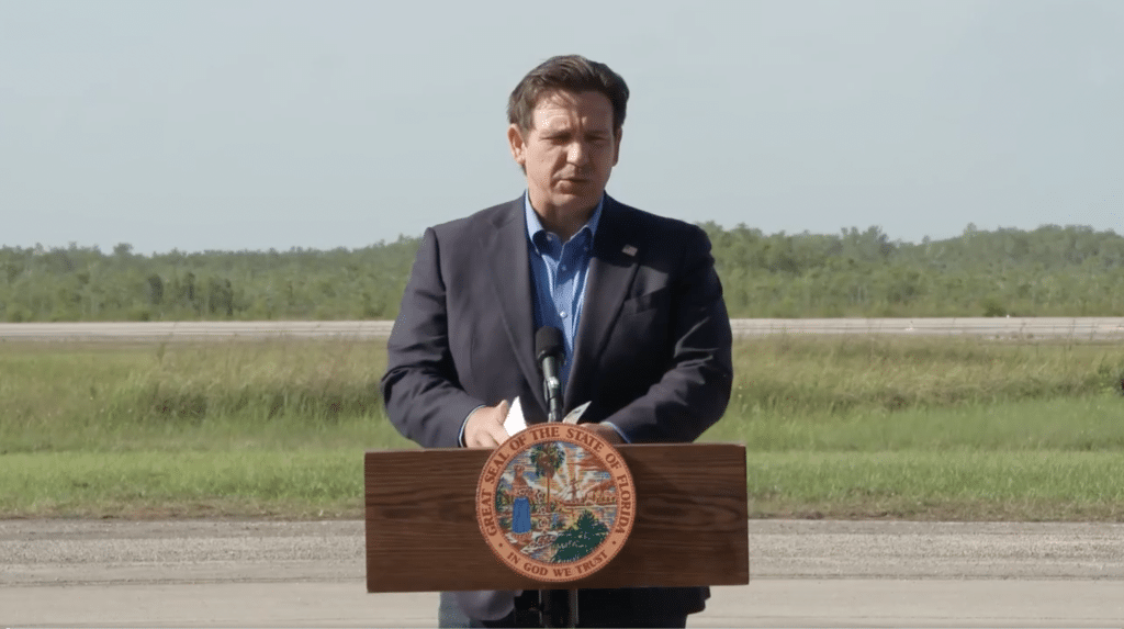 Florida Governor Ron DeSantis speaks from Alligator Alcatraz.