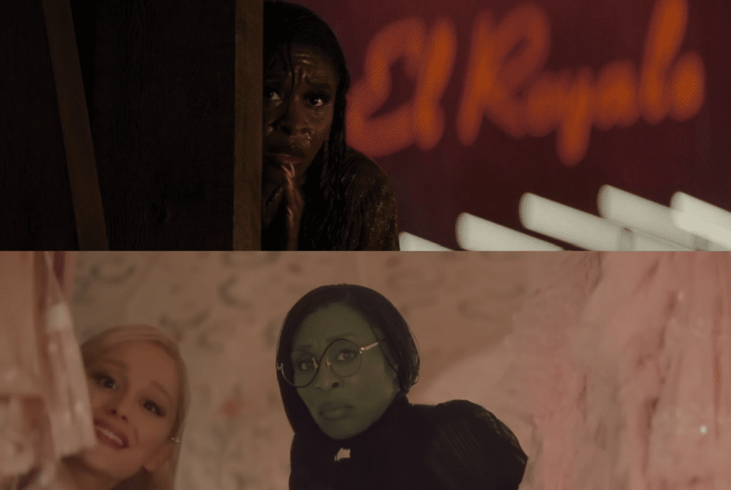 Two pictures, one on top of the other, of Cynthia Erivo, the top one being her character Darlene Sweet from Bad Times at the El Royale, and the bottom one being of Elphaba from Wicked.