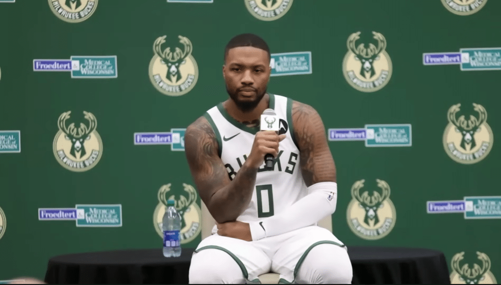 Damian Lillard at Milwaukee Bucks media day after being traded from Portland.