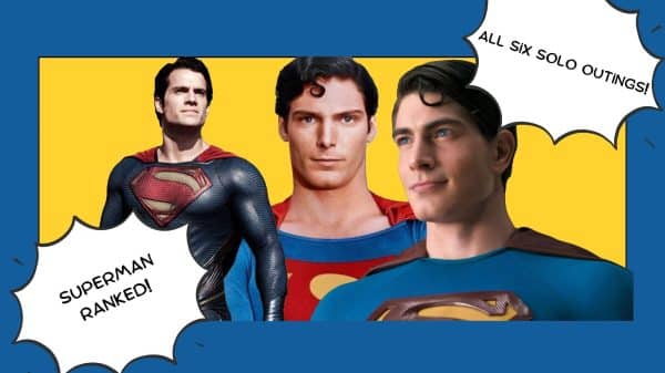 L-R: Henry Cavill, Christopher Reeve, and Brandon Routh as Superman