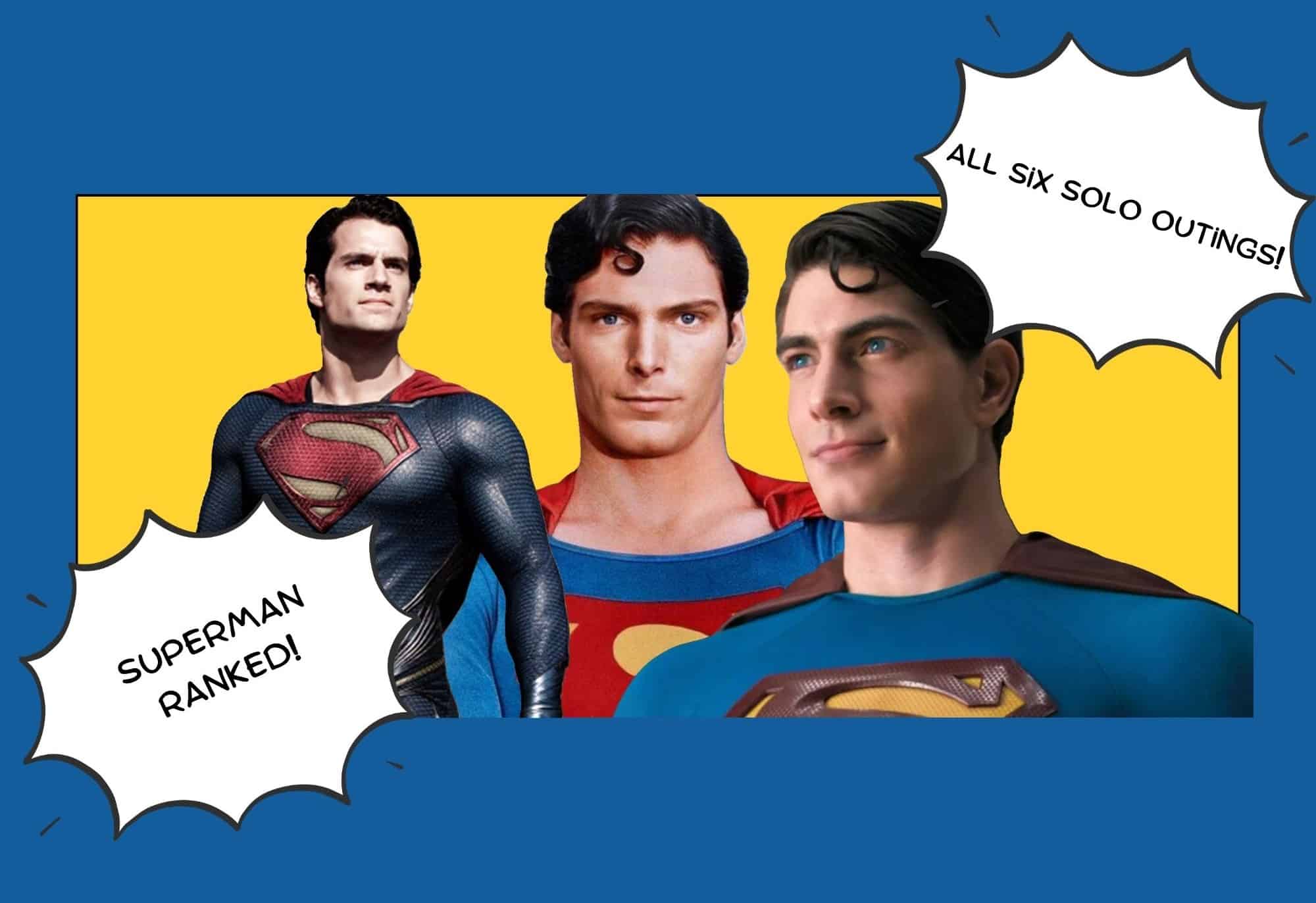 L-R: Henry Cavill, Christopher Reeve, and Brandon Routh as Superman