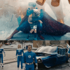 Superman saving a little girl side by side with Fantastic Four in costume