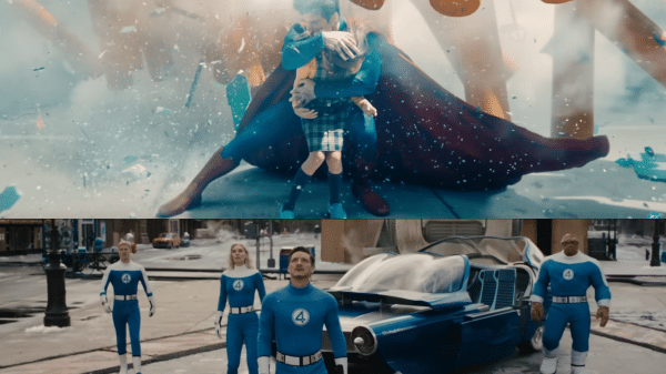 Superman saving a little girl side by side with Fantastic Four in costume