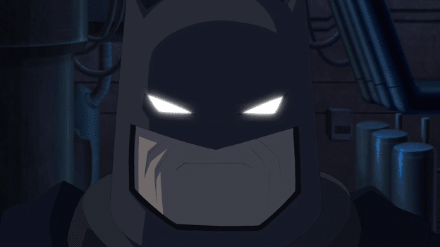 Batman with glowing eyes staring into the camera