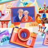Illustrated collage of travel items: passport, camera, postcard, glasses, photos. Additional illustrations of two grandparents and an older woman on a camel.
