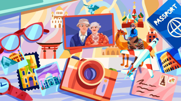 Illustrated collage of travel items: passport, camera, postcard, glasses, photos. Additional illustrations of two grandparents and an older woman on a camel.