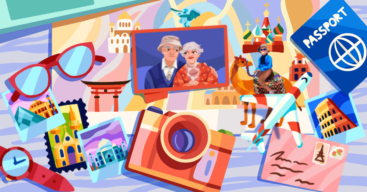 Illustrated collage of travel items: passport, camera, postcard, glasses, photos. Additional illustrations of two grandparents and an older woman on a camel.