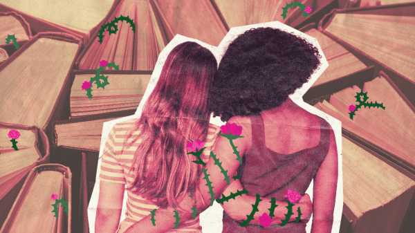 Image of two female friends around books being intertwined by roses and thorns.