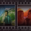 Film strip with a different movie scenes in each square.