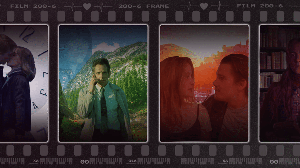 Film strip with a different movie scenes in each square.