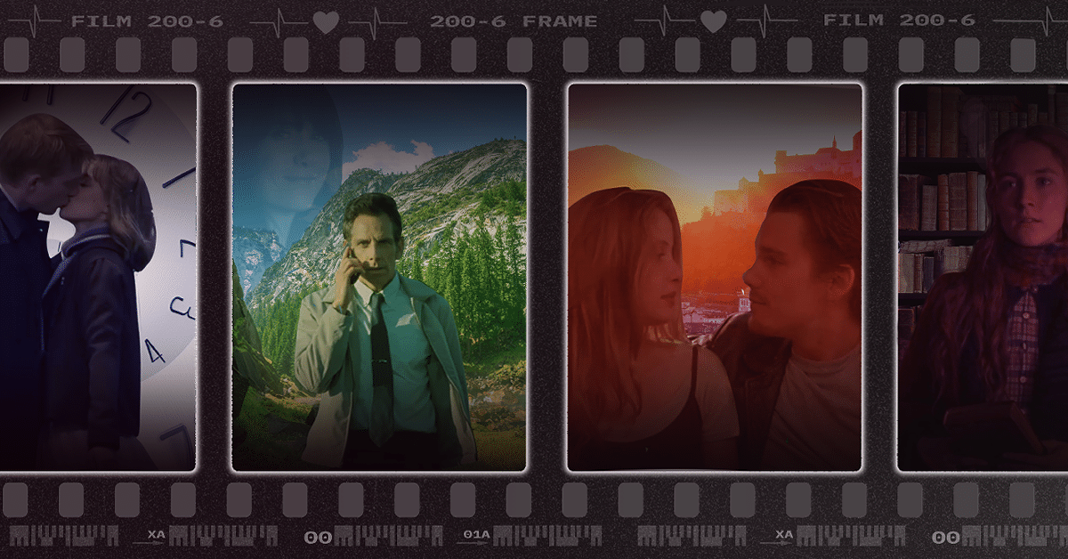 Film strip with a different movie scenes in each square.