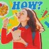 Image showing a girl eating with food surrounding her.