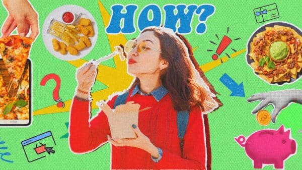 Image showing a girl eating with food surrounding her.