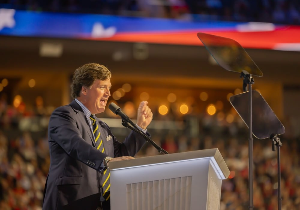 Tucker Carlson addresses the 2024 Republican National Convention at the Fiserv Forum.