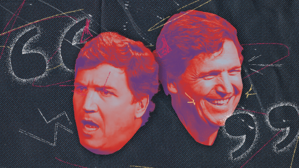 Two images of Tucker Carlson; one with slight resemblance of an angel, and another with a slight resemblance to a devil