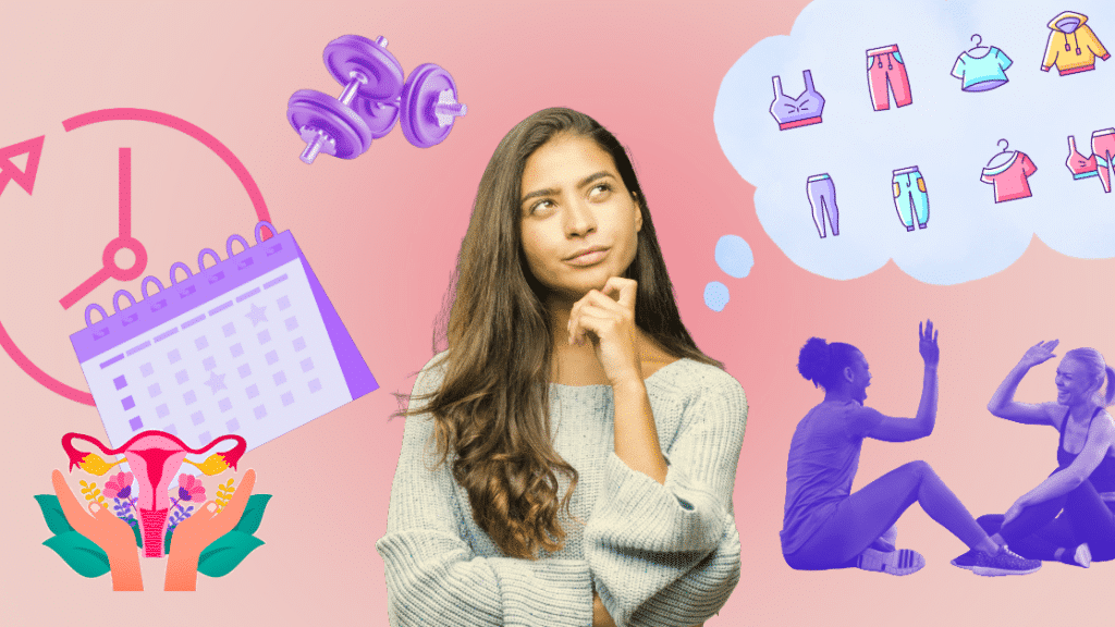 Girl with thought bubble wondering about gym weights, cycle syncing, and what to wear.