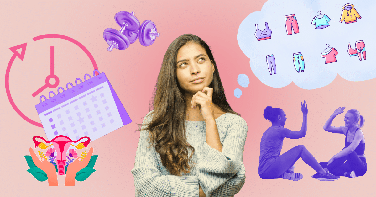 Girl with thought bubble wondering about gym weights, cycle syncing, and what to wear.