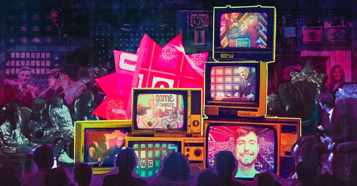 A graphic showing a variety of vintage-looking TVs with clips from the three main game show properties discussed in this article: Game Changer, Mr. Beast's game shows, and Taskmaster.
