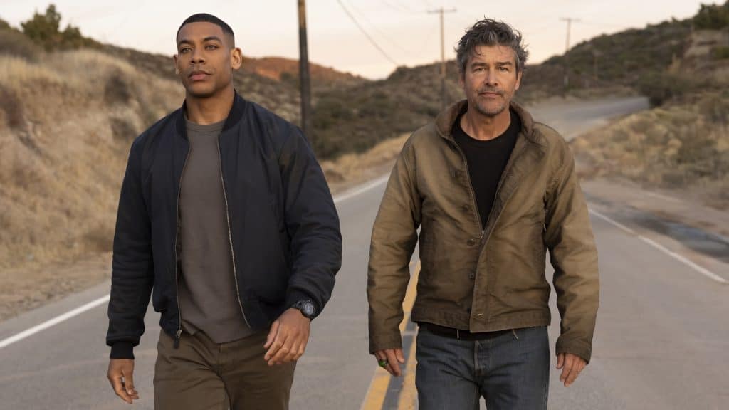 Still from the upcoming 'Lanterns' series starring John Stewart (Aaron Pierre; left) and Hal Jordan (Kyle Chandler; right).