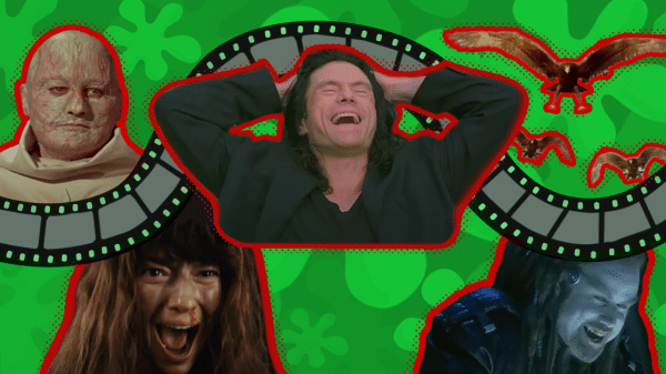Characters from various bad movies on a film strip.