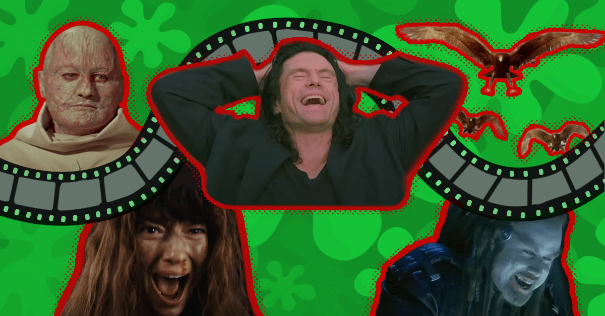 Characters from various bad movies on a film strip.