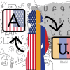 Image showing a girl with half her body as the Armenian flag, half as the American flag and the alphabets for the respective languages behind her.