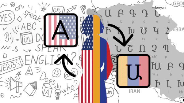 Image showing a girl with half her body as the Armenian flag, half as the American flag and the alphabets for the respective languages behind her.
