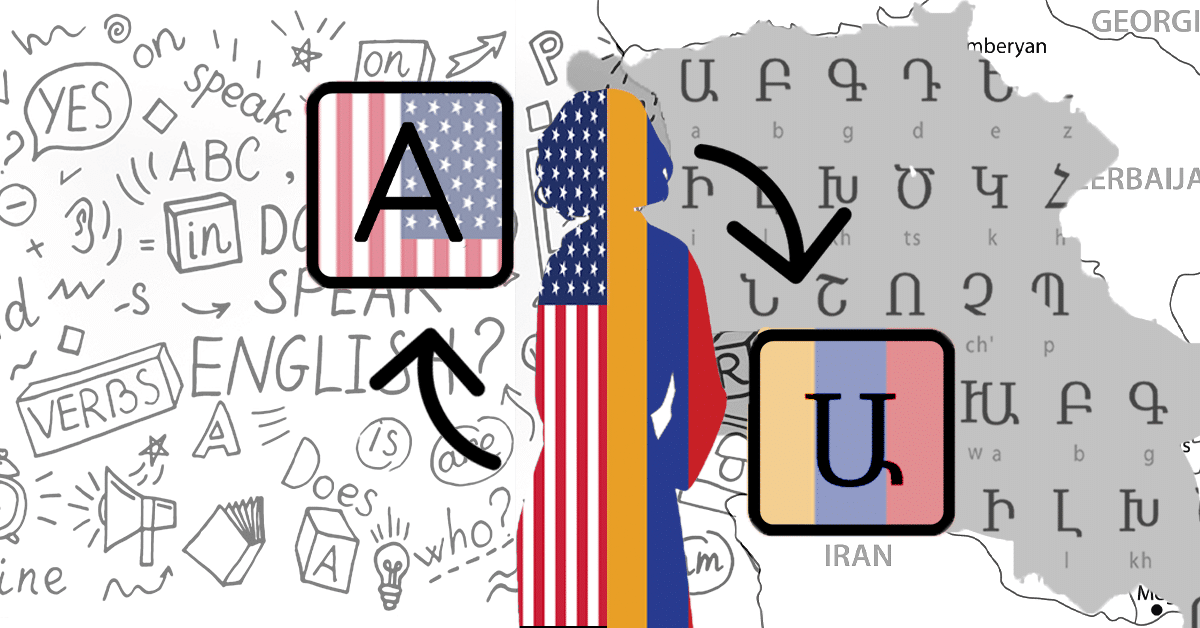 Image showing a girl with half her body as the Armenian flag, half as the American flag and the alphabets for the respective languages behind her.