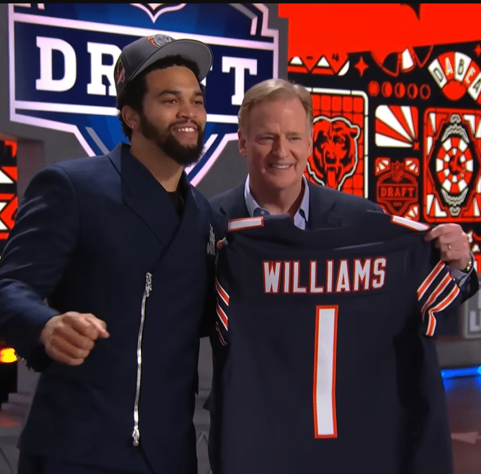 Caleb Williams poses with Roger Goodell after the Bears drafted him with a traded pick from the Carolina Panthers. (NFL/YouTube)