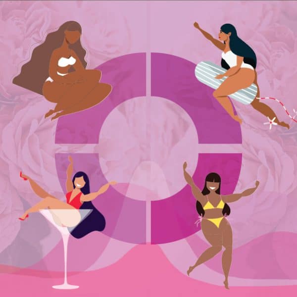 4 anonymous women are depicted around a circle, split into 4 parts. One is sitting, another is riding a tampon, another is taking a bath in a martini glass, and the last one is simply having a good time. These are meant to represent the different stages of the menstrual cycle.