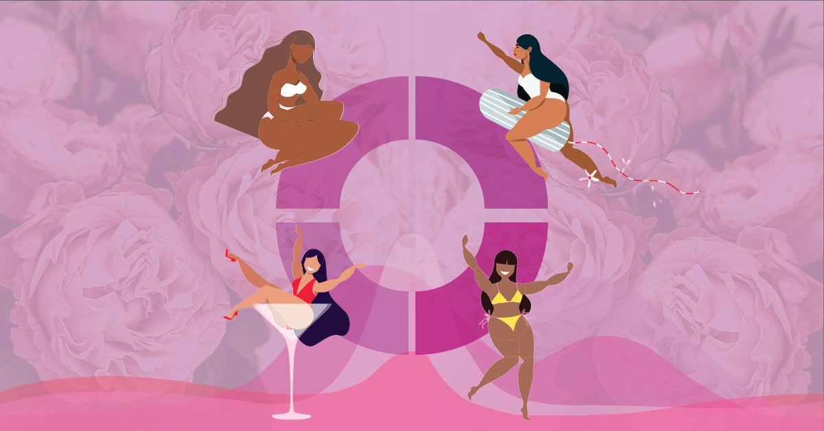 4 anonymous women are depicted around a circle, split into 4 parts. One is sitting, another is riding a tampon, another is taking a bath in a martini glass, and the last one is simply having a good time. These are meant to represent the different stages of the menstrual cycle.