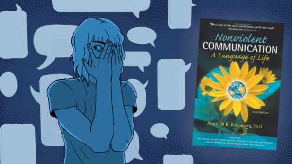 Cover of Nonviolent Communication book with distressed person and speech bubbles in background.