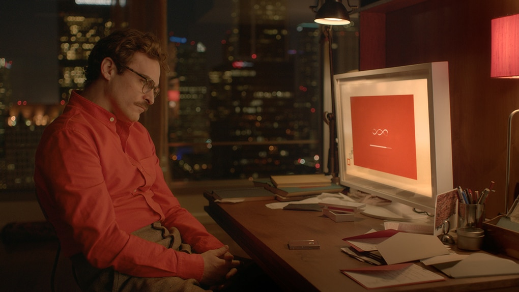 Screencap from Her, depicting Ted interacting with the AI, Samantha