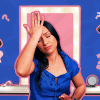 Overwhelmed woman surrounded by makeup and question marks.