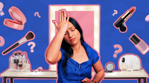 Overwhelmed woman surrounded by makeup and question marks.