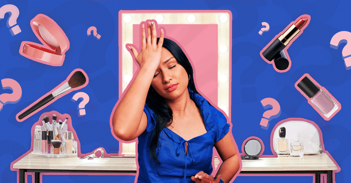 Overwhelmed woman surrounded by makeup and question marks.