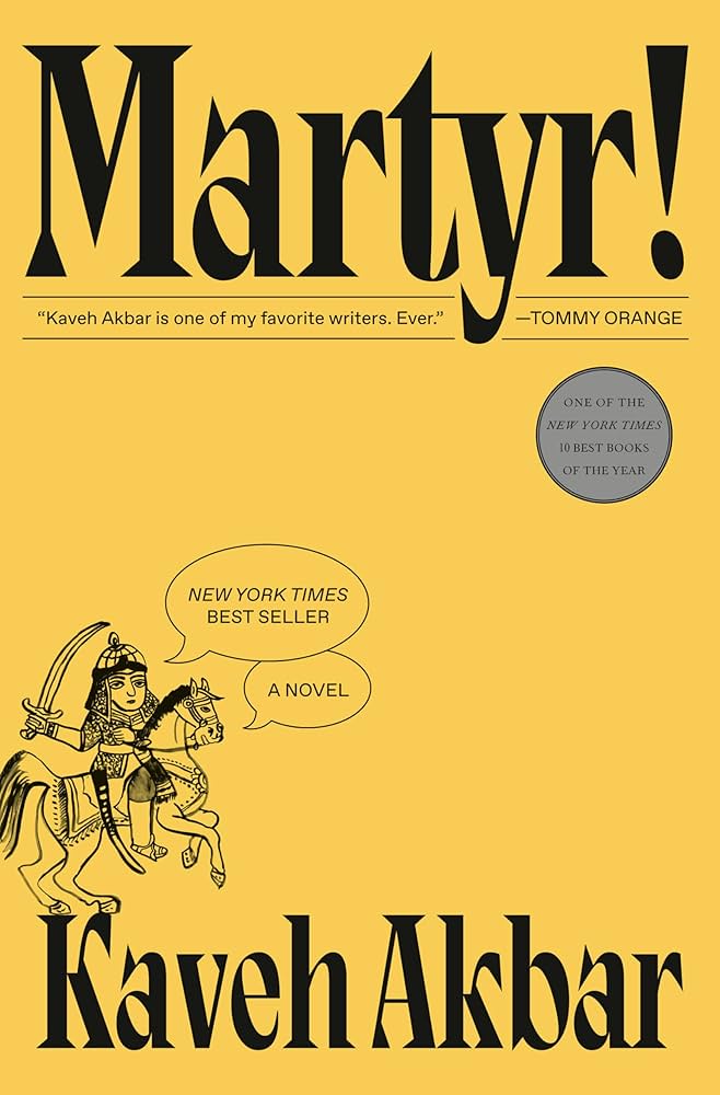 Martyr cover, yellow backdrop with a cartoon woman on a horse