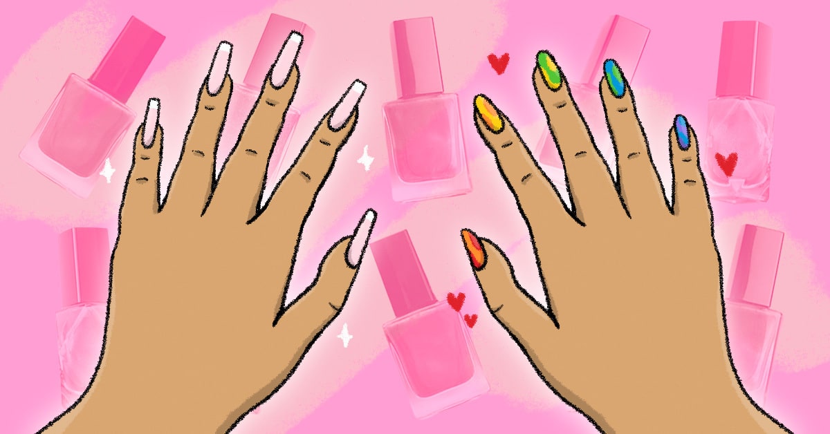An illustration of old nail polish on one hand and new on the other